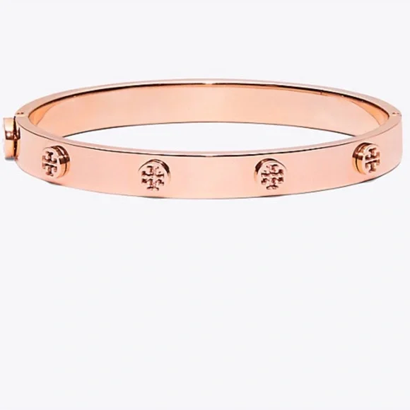TORY BURCH Rose Gold Logo Studded Hinged Bracelet - Picture 2 of 6